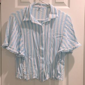 Baby Blue & White Ruffle Sleeve Button Down